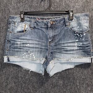 Mudd Shorts Juniors Size 15 Blue Denim Cutoff Cuffed Distressed Y2K Splatter